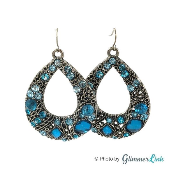 Blue & Silver Tone Jeweled Teardrop Hoop Dangle Earrings - Picture 1 of 9